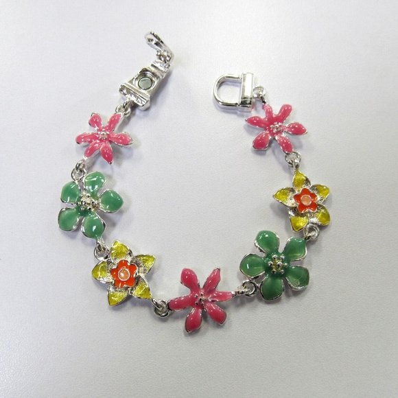 Silver Plated Multicolor Floral Flower Charm Bracelet W/ Magnetic Clasp - Picture 1 of 2